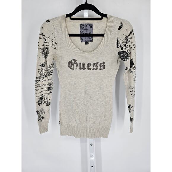 Guess Womens Sz S Long Sleeve Fitted Lightweight Sweater Gray Sequins Y2K - Picture 1 of 4